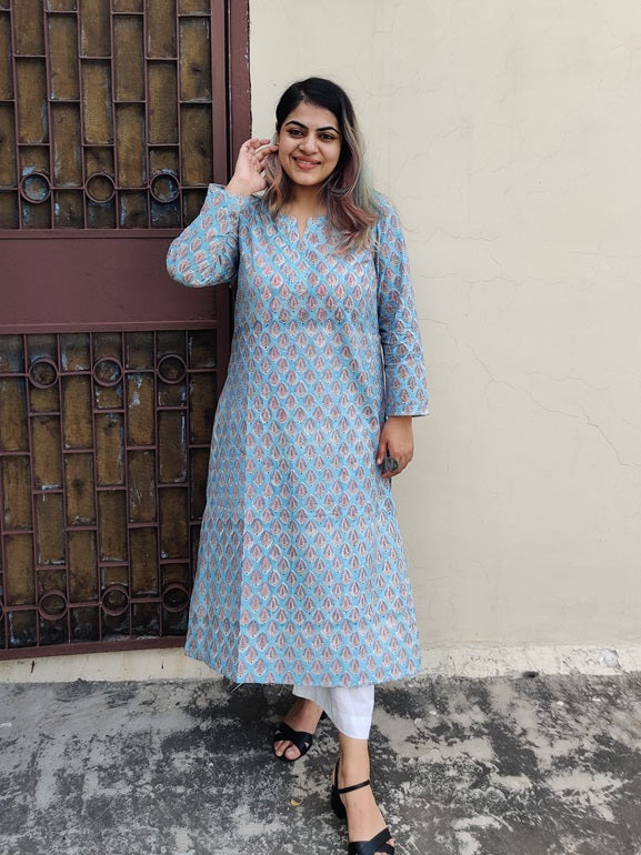 Blue Pink Hand Block Printed Cotton Long Kurta