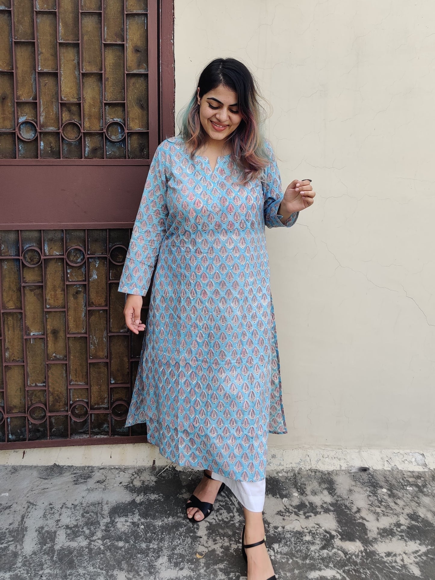 Blue Pink Hand Block Printed Cotton Long Kurta