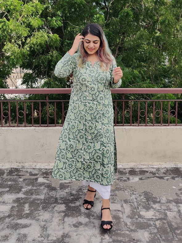 Floral Green Hand Block Printed Cotton Long Kurta