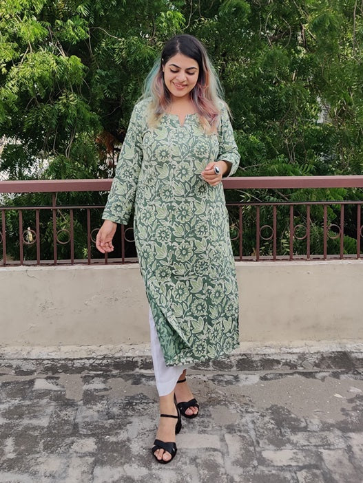 Floral Green Hand Block Printed Cotton Long Kurta