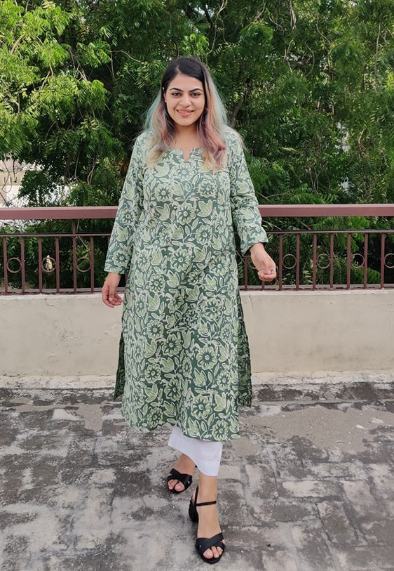 Floral Green Hand Block Printed Cotton Long Kurta