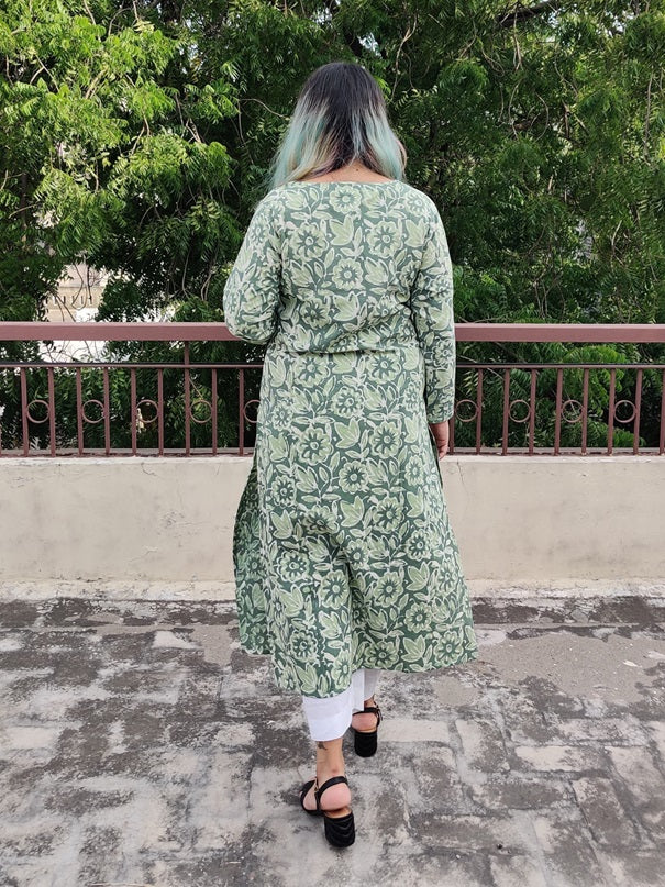 Floral Green Hand Block Printed Cotton Long Kurta