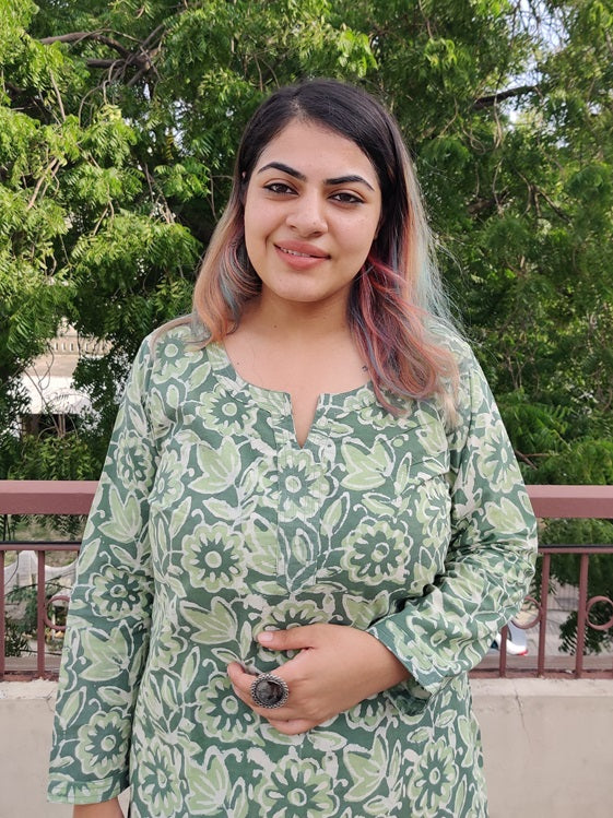 Floral Green Hand Block Printed Cotton Long Kurta