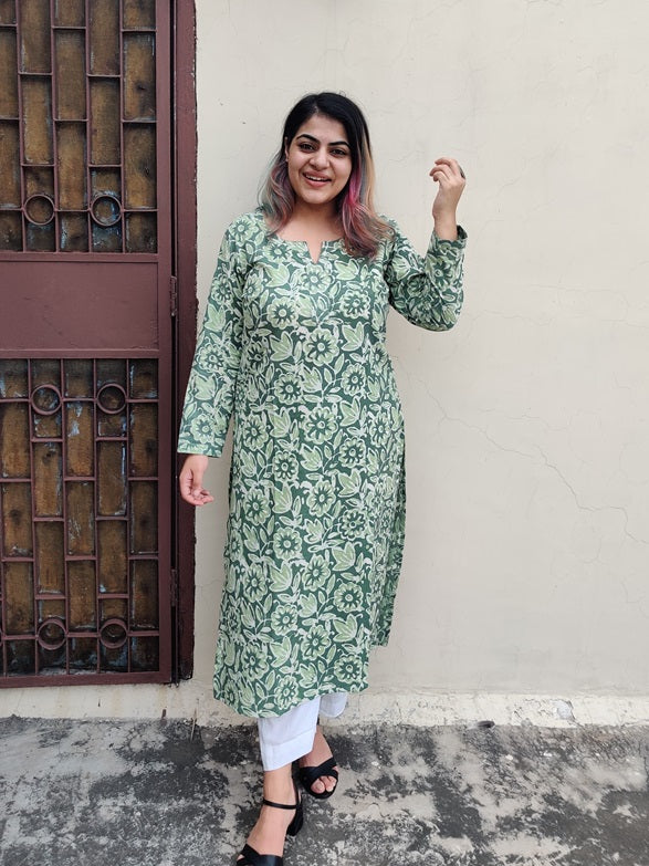 Floral Green Hand Block Printed Cotton Long Kurta