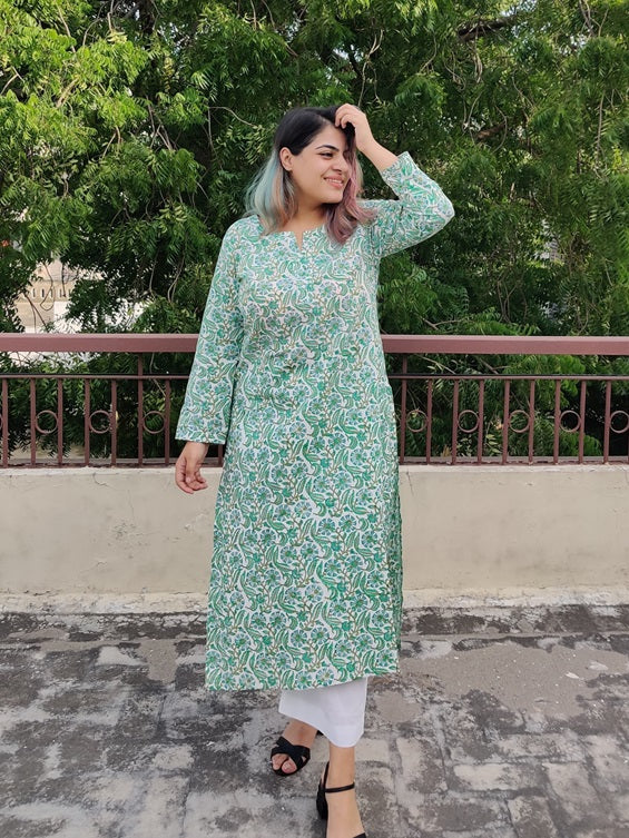 White Green Floral Handblock Printed Cotton Kurta