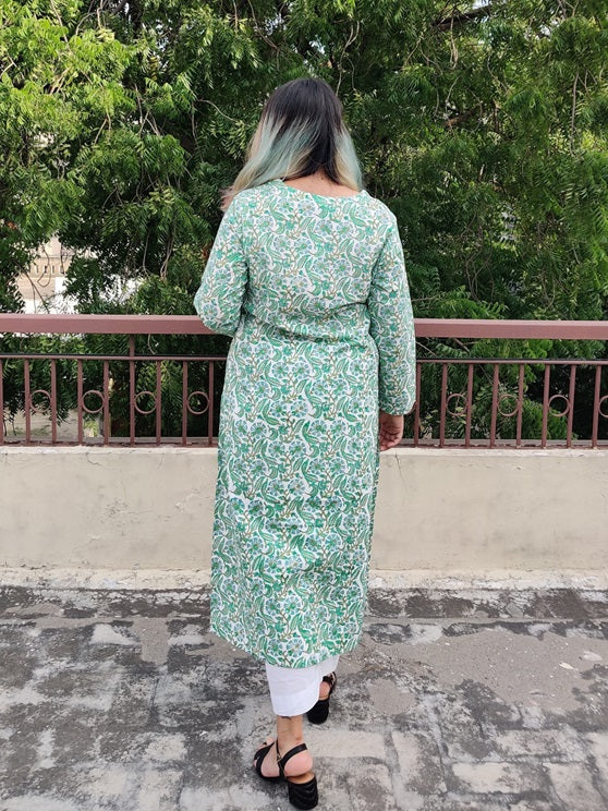 White Green Floral Handblock Printed Cotton Kurta