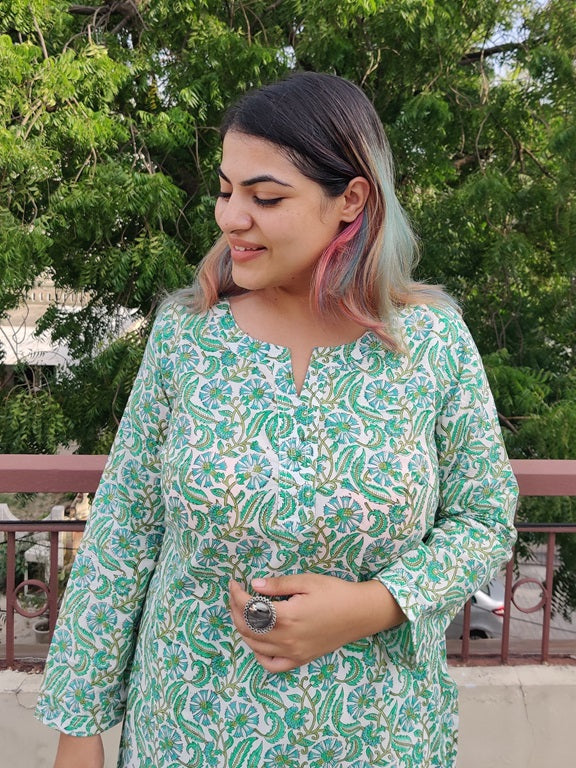 White Green Floral Handblock Printed Cotton Kurta