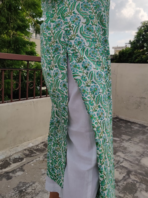 White Green Floral Handblock Printed Cotton Kurta