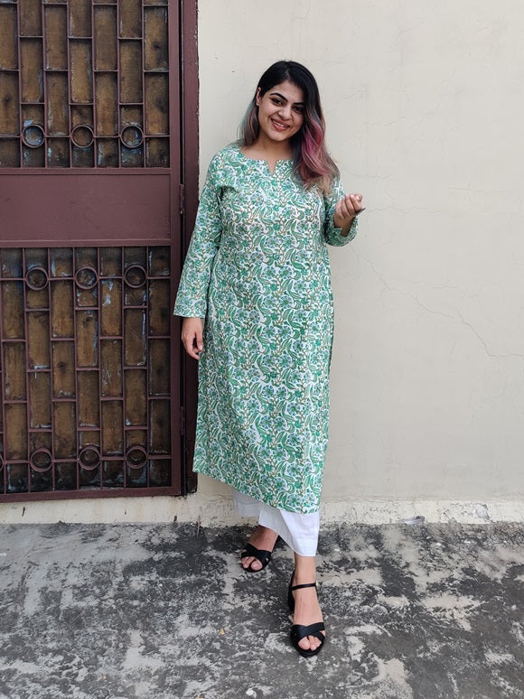 White Green Floral Handblock Printed Cotton Kurta