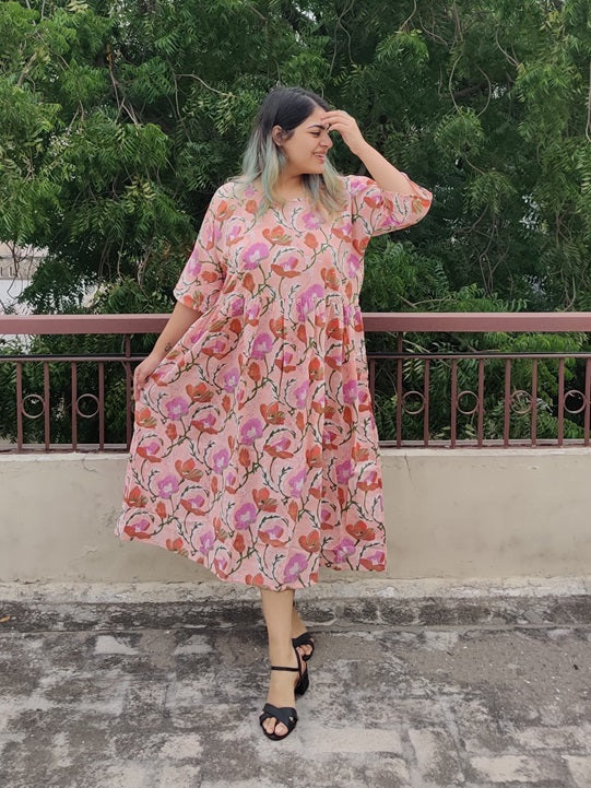 Pink Floral Hand Block Printed Comfort Fit Midi Dress