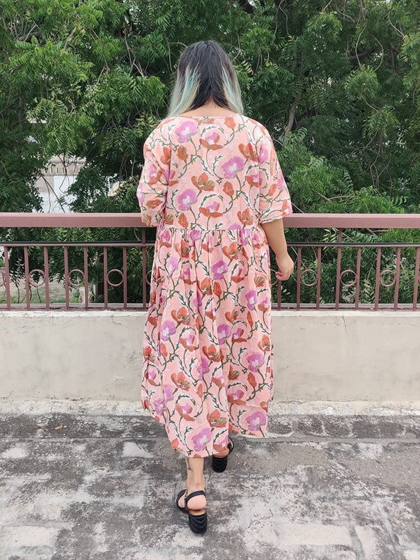 Pink Floral Hand Block Printed Comfort Fit Midi Dress