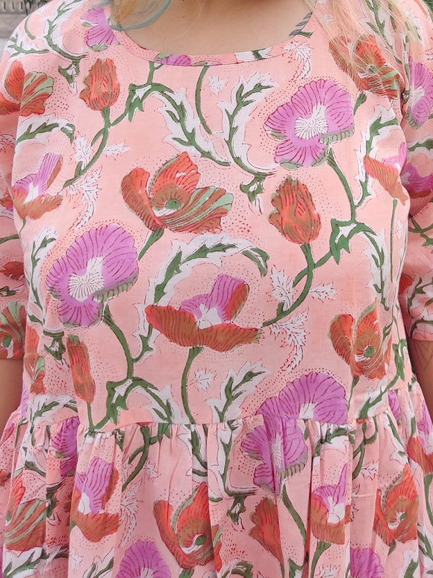 Pink Floral Hand Block Printed Comfort Fit Midi Dress