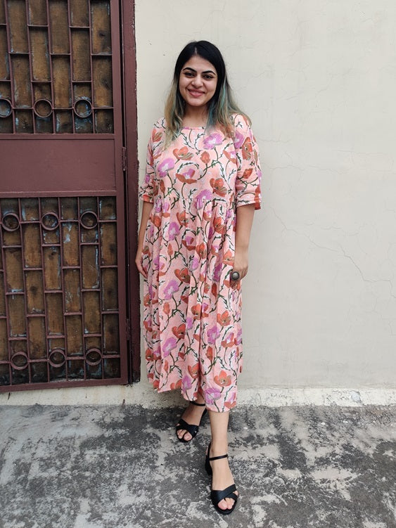 Pink Floral Hand Block Printed Comfort Fit Midi Dress