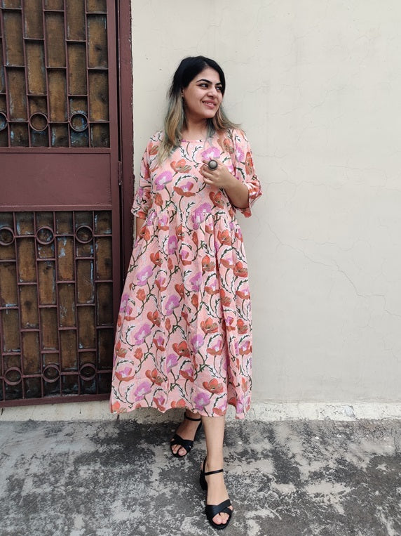 Pink Floral Hand Block Printed Comfort Fit Midi Dress