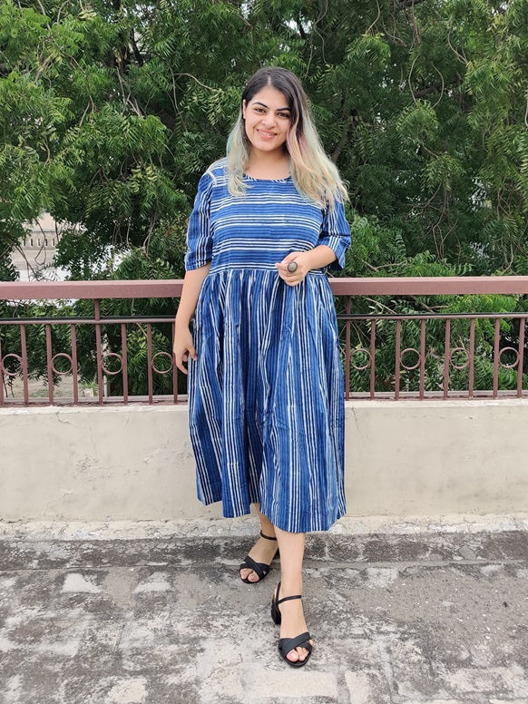 Indigo Lines Hand Block Printed Comfort Fit Midi Dress