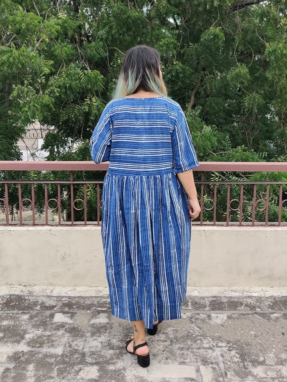 Indigo Lines Hand Block Printed Comfort Fit Midi Dress