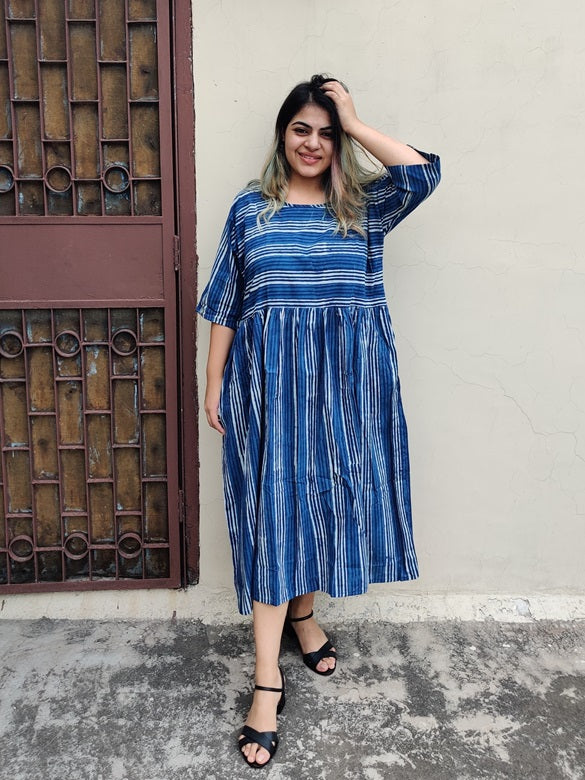 Indigo Lines Hand Block Printed Comfort Fit Midi Dress