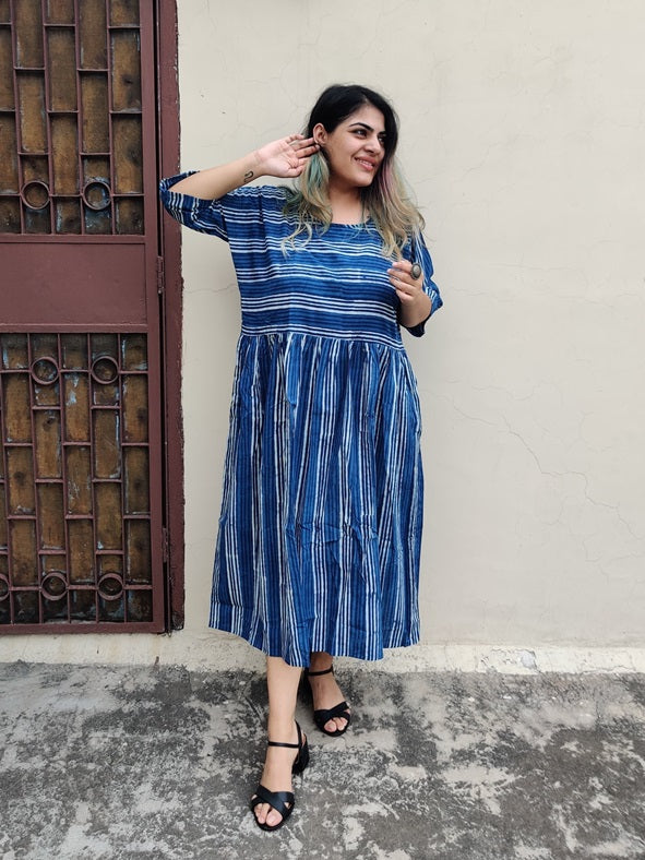 Indigo Lines Hand Block Printed Comfort Fit Midi Dress