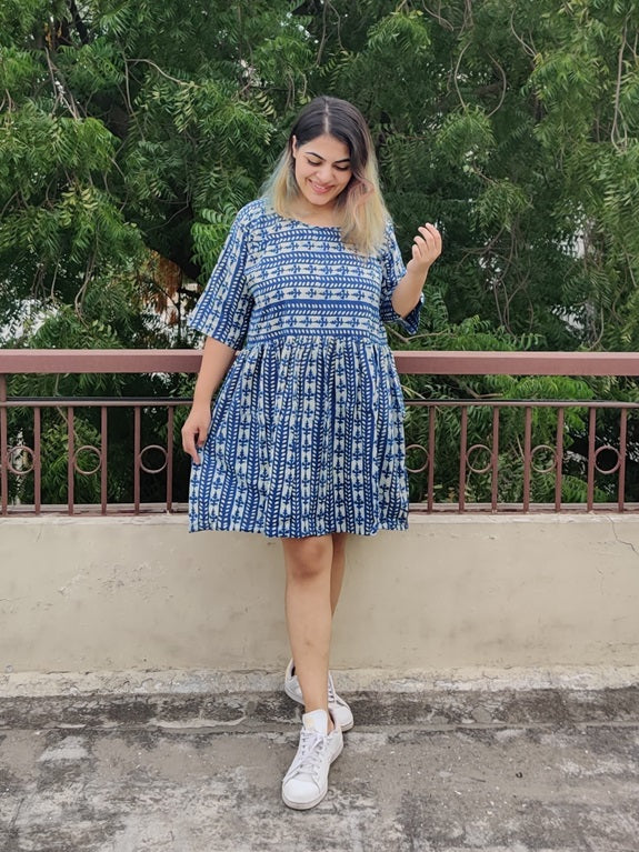 Indigo White Lines Hand Block Printed Comfort Fit Knee Length Dress