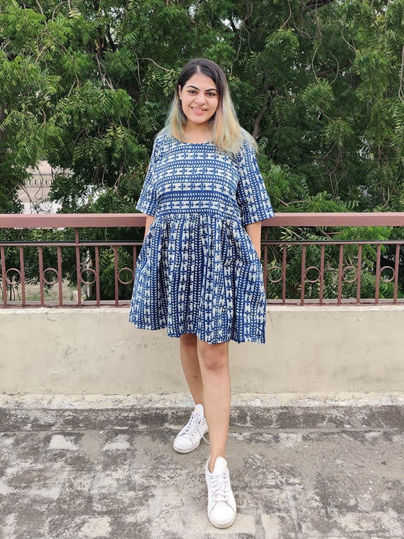Indigo White Lines Hand Block Printed Comfort Fit Knee Length Dress