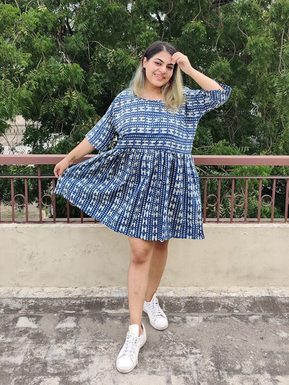 Indigo White Lines Hand Block Printed Comfort Fit Knee Length Dress
