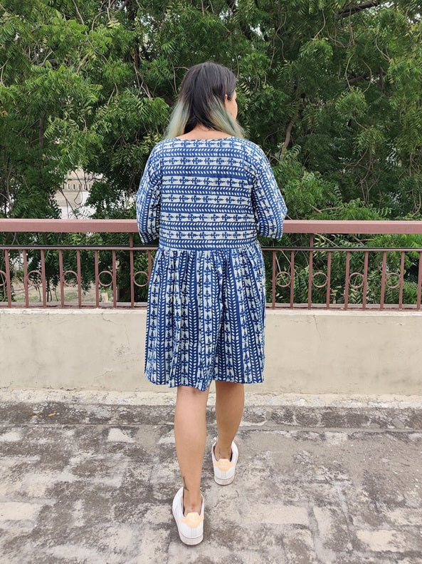 Indigo White Lines Hand Block Printed Comfort Fit Knee Length Dress