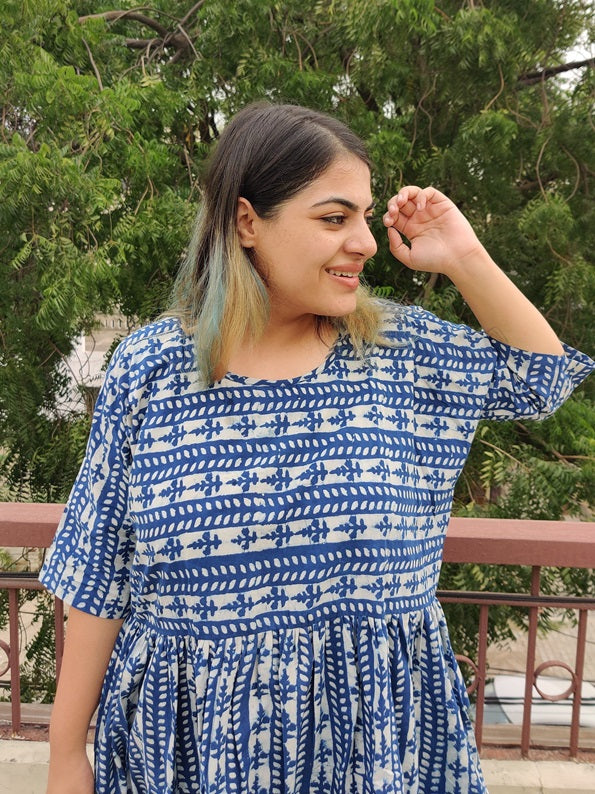 Indigo White Lines Hand Block Printed Comfort Fit Knee Length Dress
