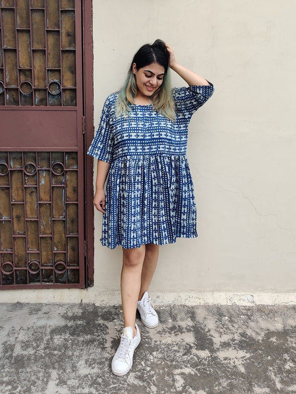 Indigo White Lines Hand Block Printed Comfort Fit Knee Length Dress