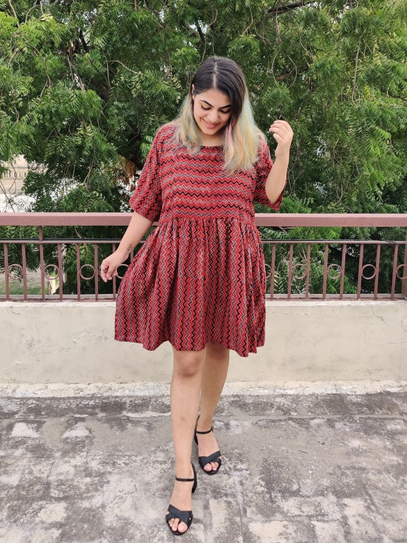 Red Zigzag Ajrakh Hand Block Printed Comfort Fit Knee Length Dress