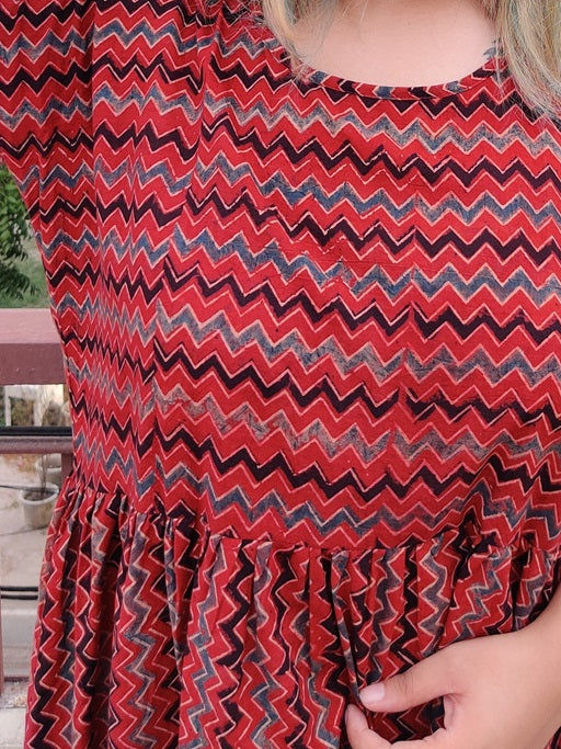 Red Zigzag Ajrakh Hand Block Printed Comfort Fit Knee Length Dress