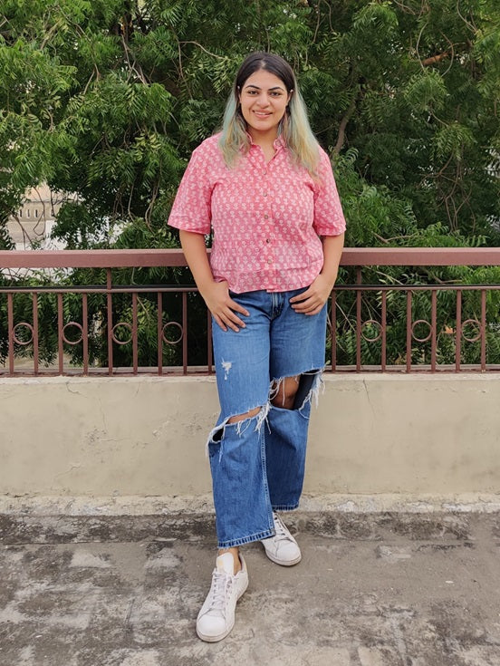 Marshmallow Hand Block Printed Relaxed Fit Short Shirt