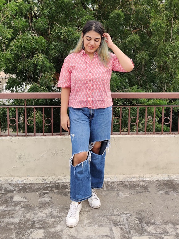 Marshmallow Hand Block Printed Relaxed Fit Short Shirt