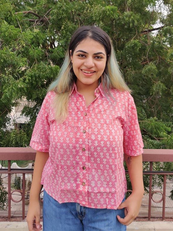 Marshmallow Hand Block Printed Relaxed Fit Short Shirt