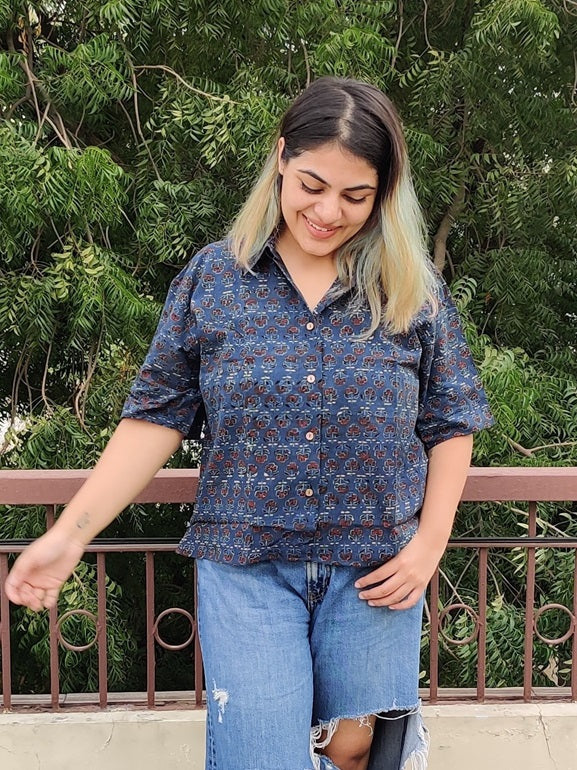 Poppy Ajrakh Hand Block Printed Relaxed Fit Short Shirt