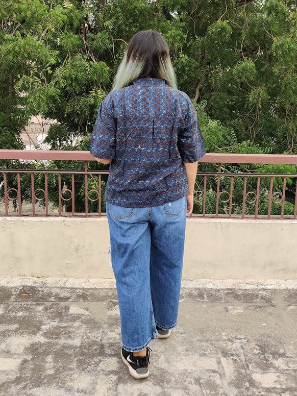 Poppy Ajrakh Hand Block Printed Relaxed Fit Short Shirt