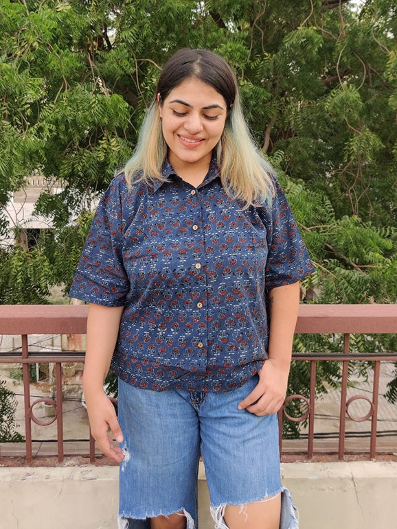 Poppy Ajrakh Hand Block Printed Relaxed Fit Short Shirt