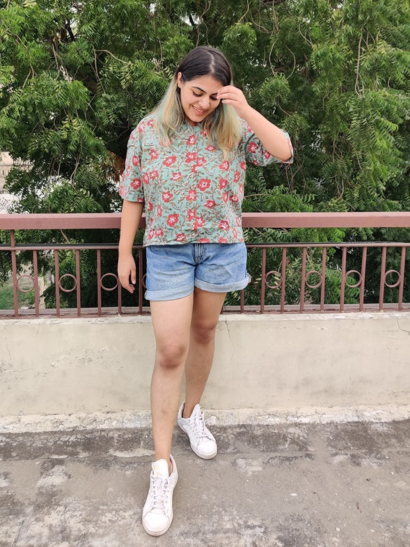 Hibiscus Hand Block Printed Relaxed Fit Short Shirt