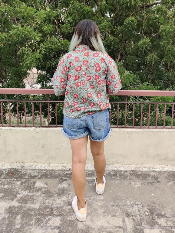 Hibiscus Hand Block Printed Relaxed Fit Short Shirt