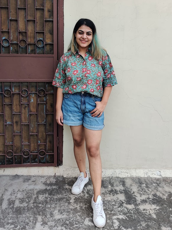 Hibiscus Hand Block Printed Relaxed Fit Short Shirt