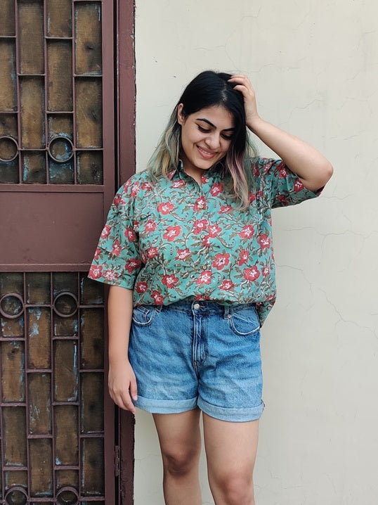 Hibiscus Hand Block Printed Relaxed Fit Short Shirt