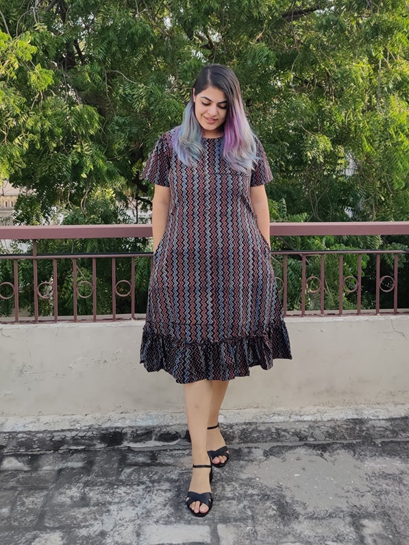Blackberry Ajrakh Hand Block Printed Shift Dress with Tier and Gathered Sleeves