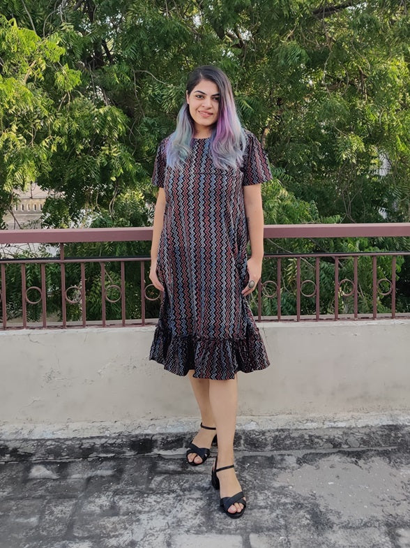 Blackberry Ajrakh Hand Block Printed Shift Dress with Tier and Gathered Sleeves