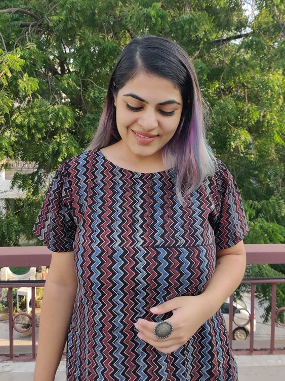Blackberry Ajrakh Hand Block Printed Shift Dress with Tier and Gathered Sleeves