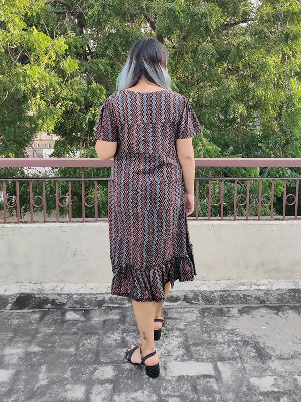 Blackberry Ajrakh Hand Block Printed Shift Dress with Tier and Gathered Sleeves