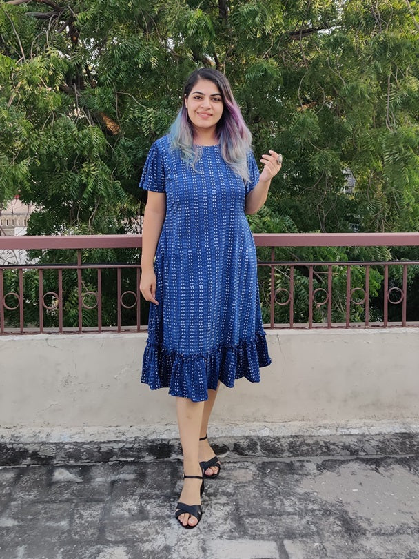 Syaahee Hand Block Printed Shift Dress with Tier and Gathered Sleeves