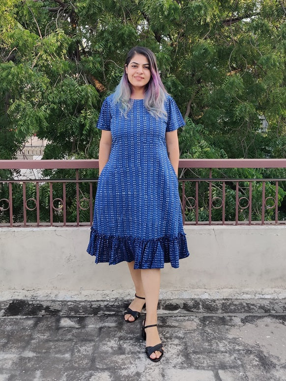 Syaahee Hand Block Printed Shift Dress with Tier and Gathered Sleeves