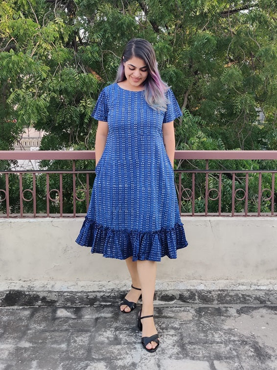 Syaahee Hand Block Printed Shift Dress with Tier and Gathered Sleeves