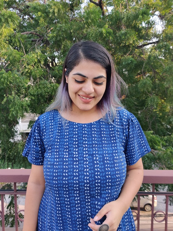 Syaahee Hand Block Printed Shift Dress with Tier and Gathered Sleeves