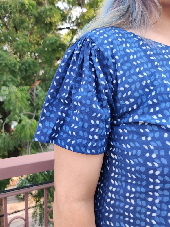 Syaahee Hand Block Printed Shift Dress with Tier and Gathered Sleeves