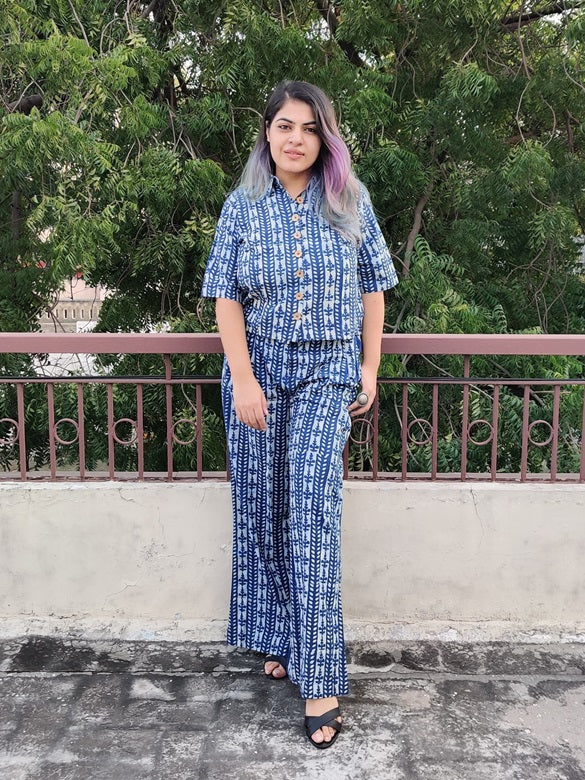 White Indigo Lines Hand Block Printed Coordinated Set with Shirt and Flared Pants